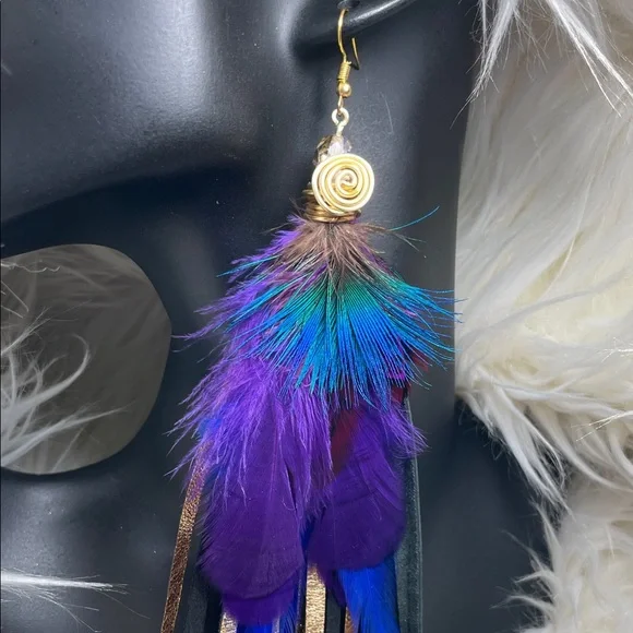 RESERVED Gold Leather Colorful Feather Drop Fringe Earrings - Picture 6 of 12